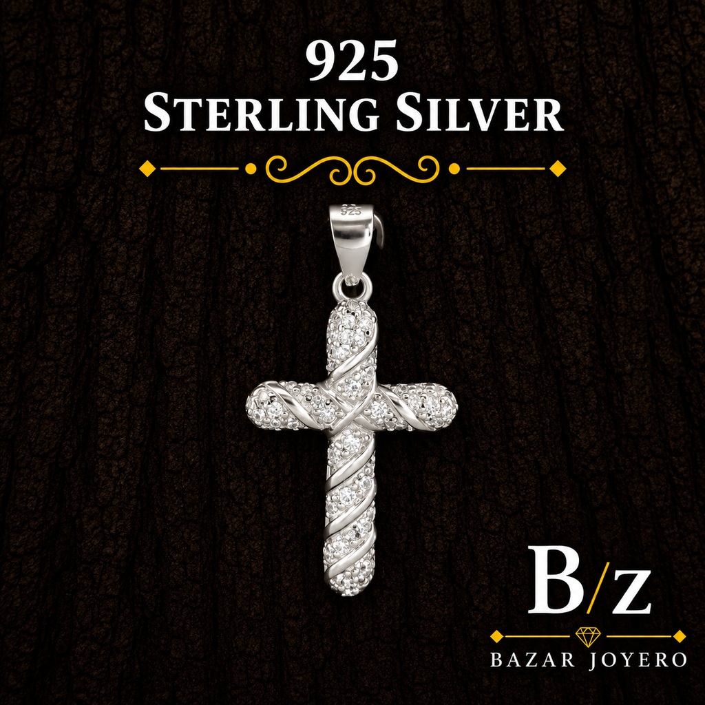 925 Sterling Silver White CZ Braided Cross Pendant