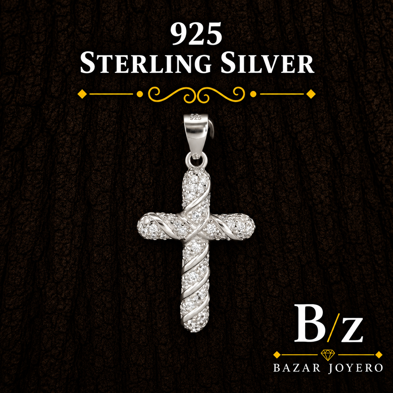 925 Sterling Silver White CZ Braided Cross Pendant