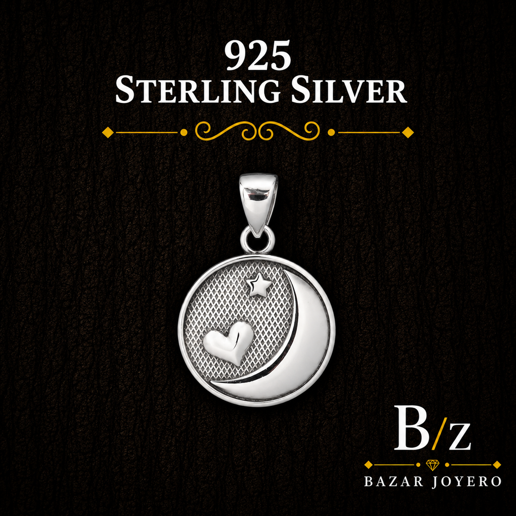 925 Sterling Silver Crescent Moon Heart and Star Pendant