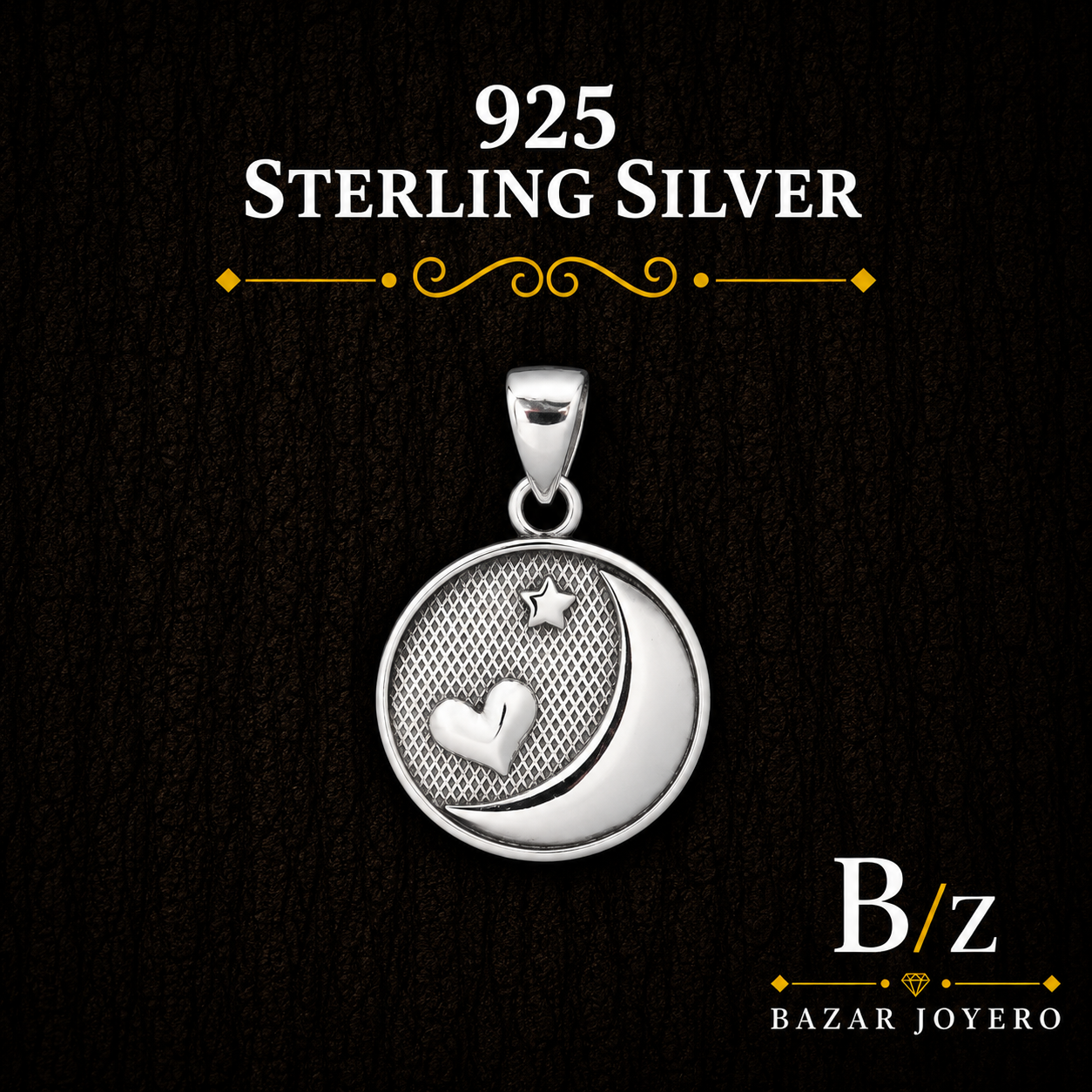925 Sterling Silver Crescent Moon Heart and Star Pendant