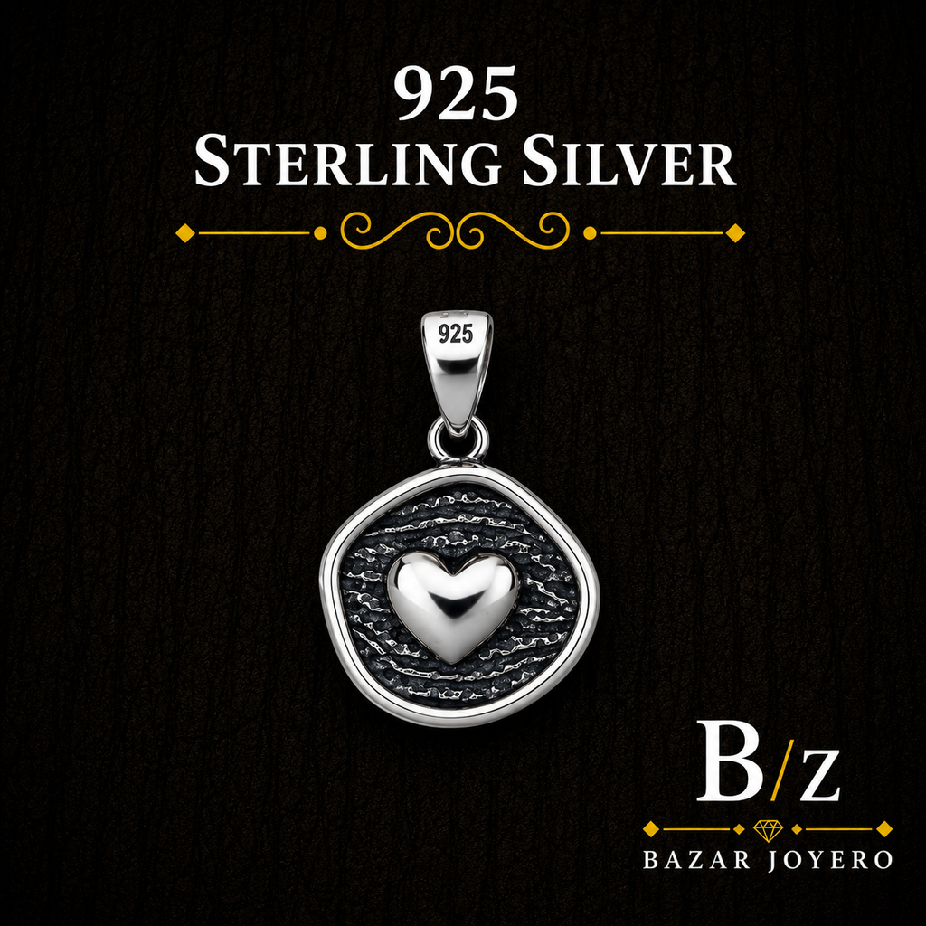 925 Sterling Silver Heart Medallion Pendant with oxidized textured detail