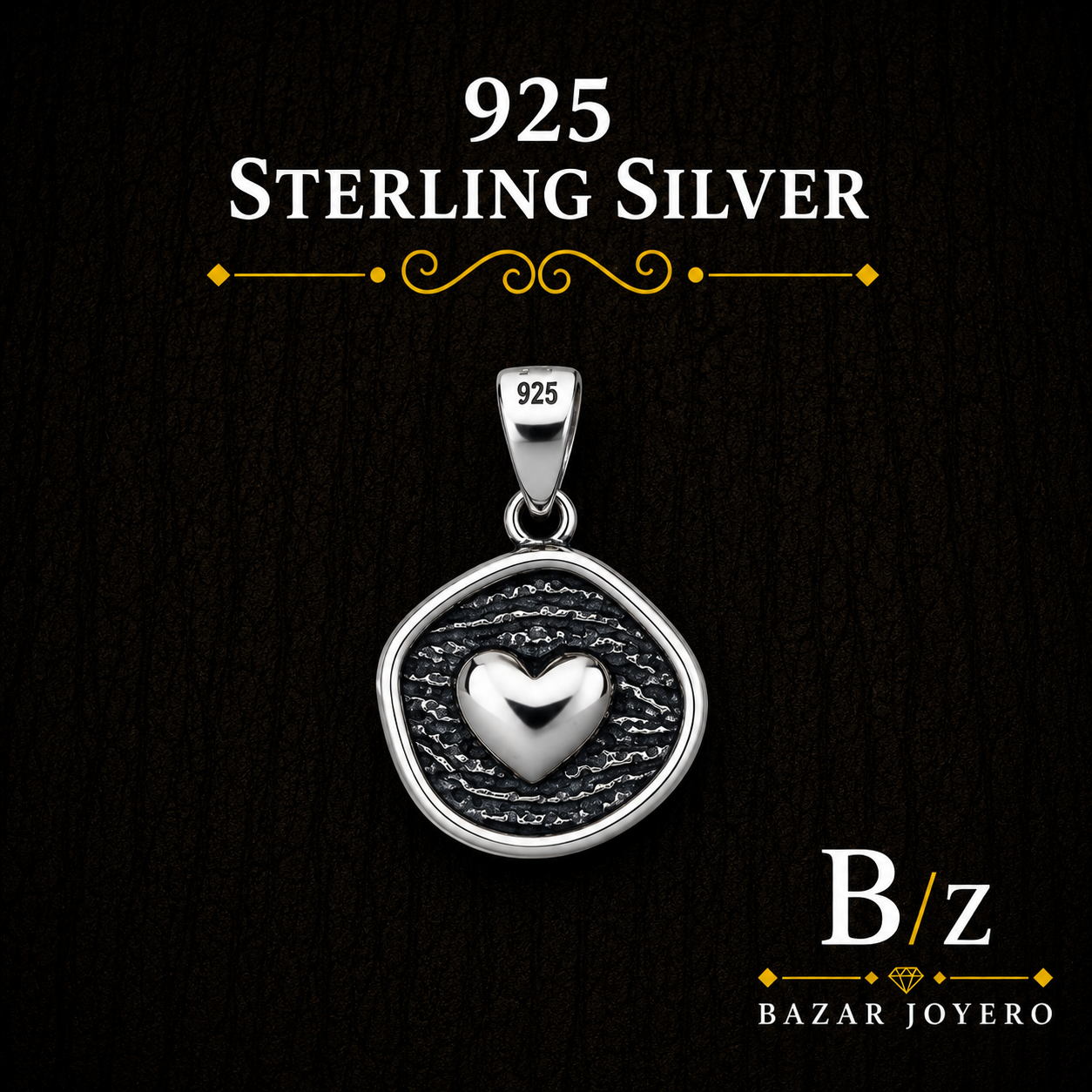 925 Sterling Silver Heart Medallion Pendant with oxidized textured detail