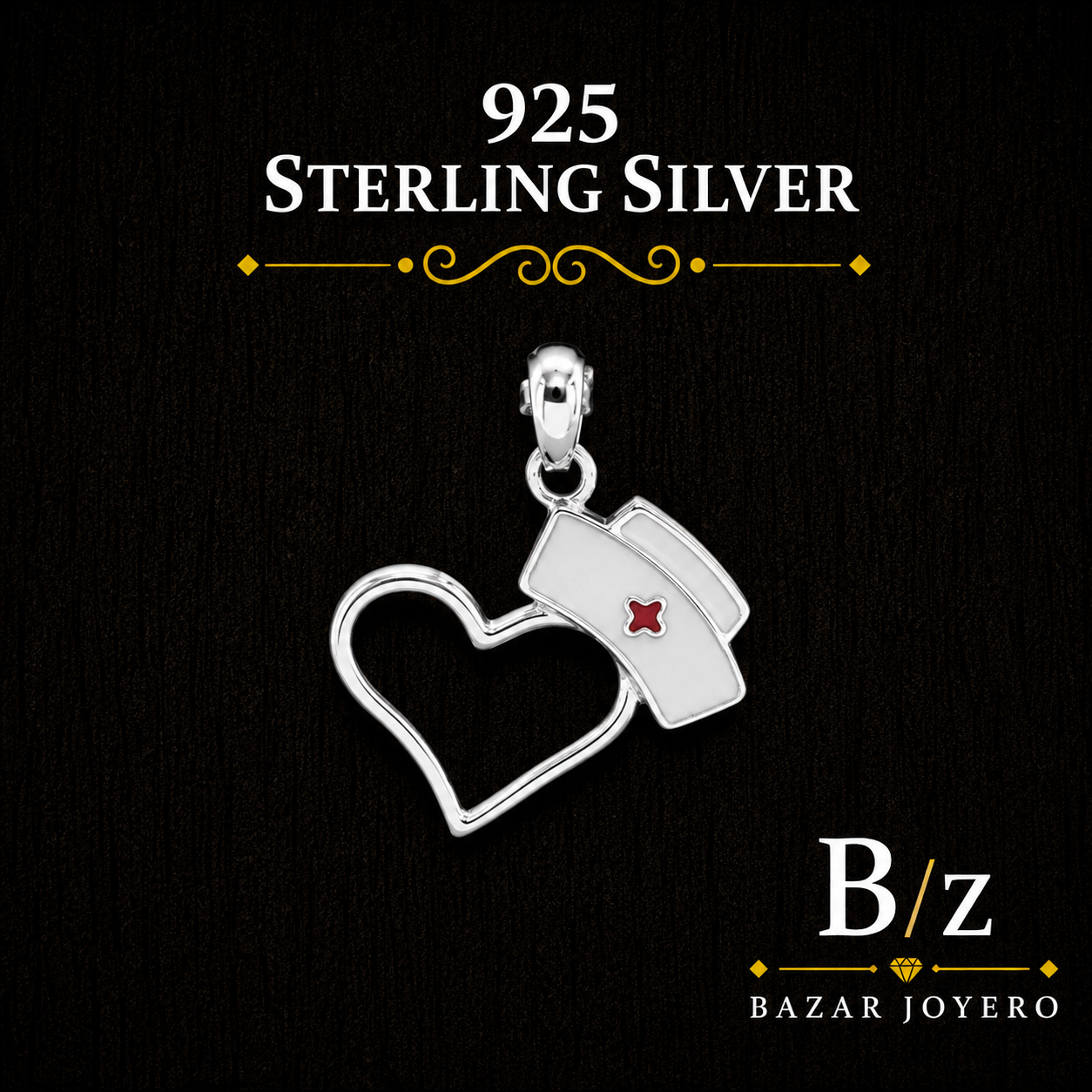 925 Sterling Silver Nurse Hat and Heart Pendant with white and red enamel details