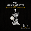925 Sterling Silver Cat Pendant with Pearl accent and intricate openwork design