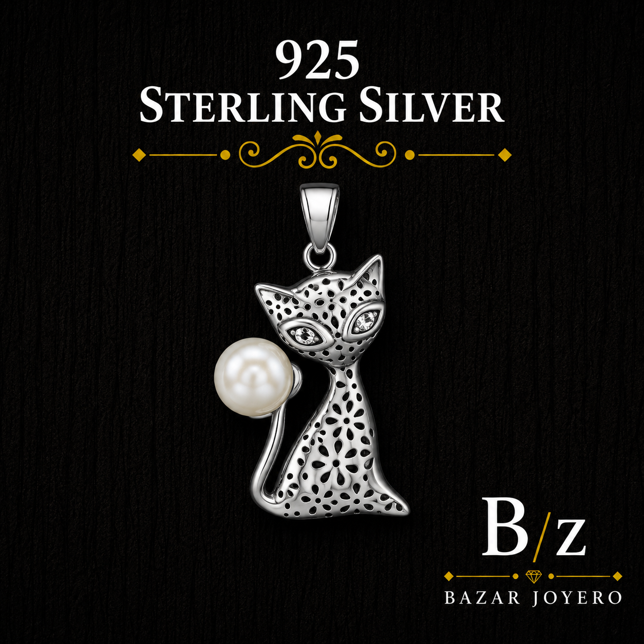 925 Sterling Silver Cat Pendant with Pearl accent and intricate openwork design
