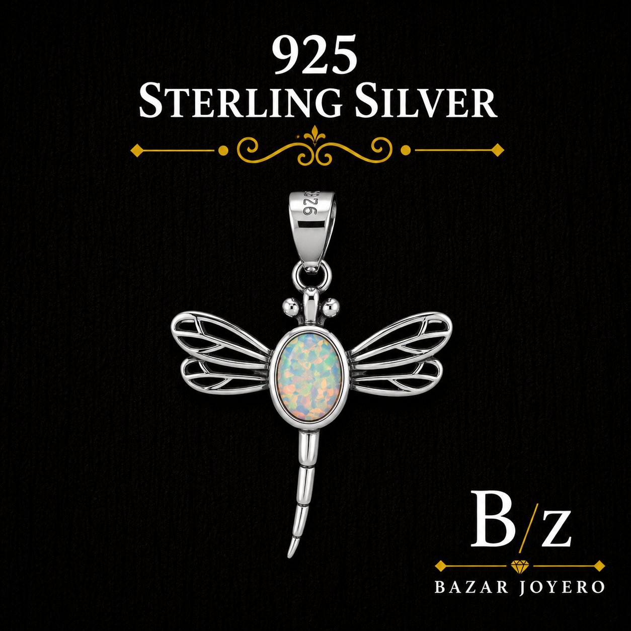 925 Sterling Silver Dragonfly Pendant featuring oval Lab Opal and openwork wings