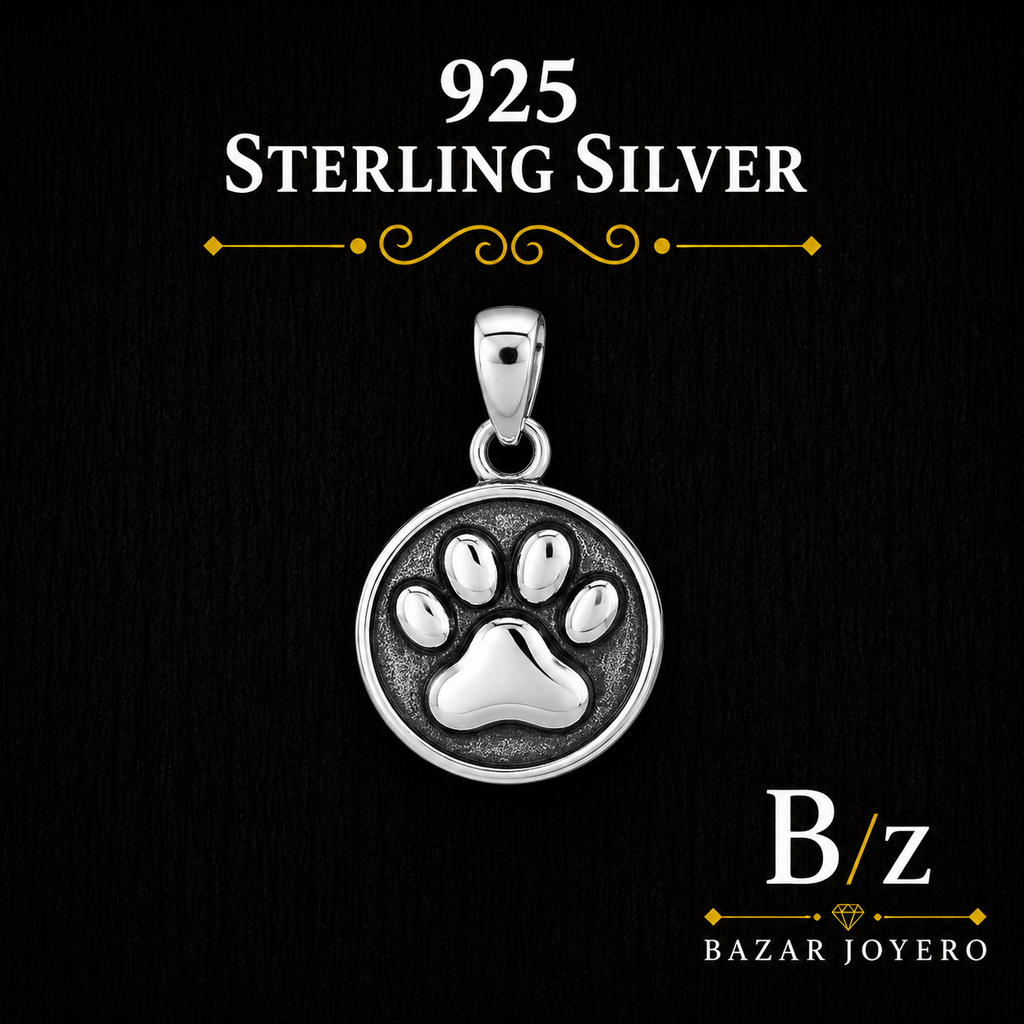 925 Sterling Silver Round Paw Print Pendant with polished and oxidized finish