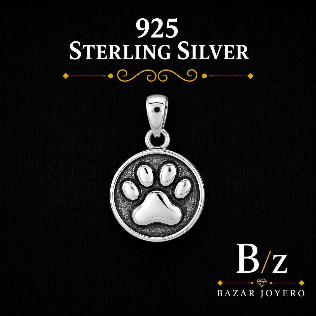 925 Sterling Silver Round Paw Print Pendant with polished and oxidized finish