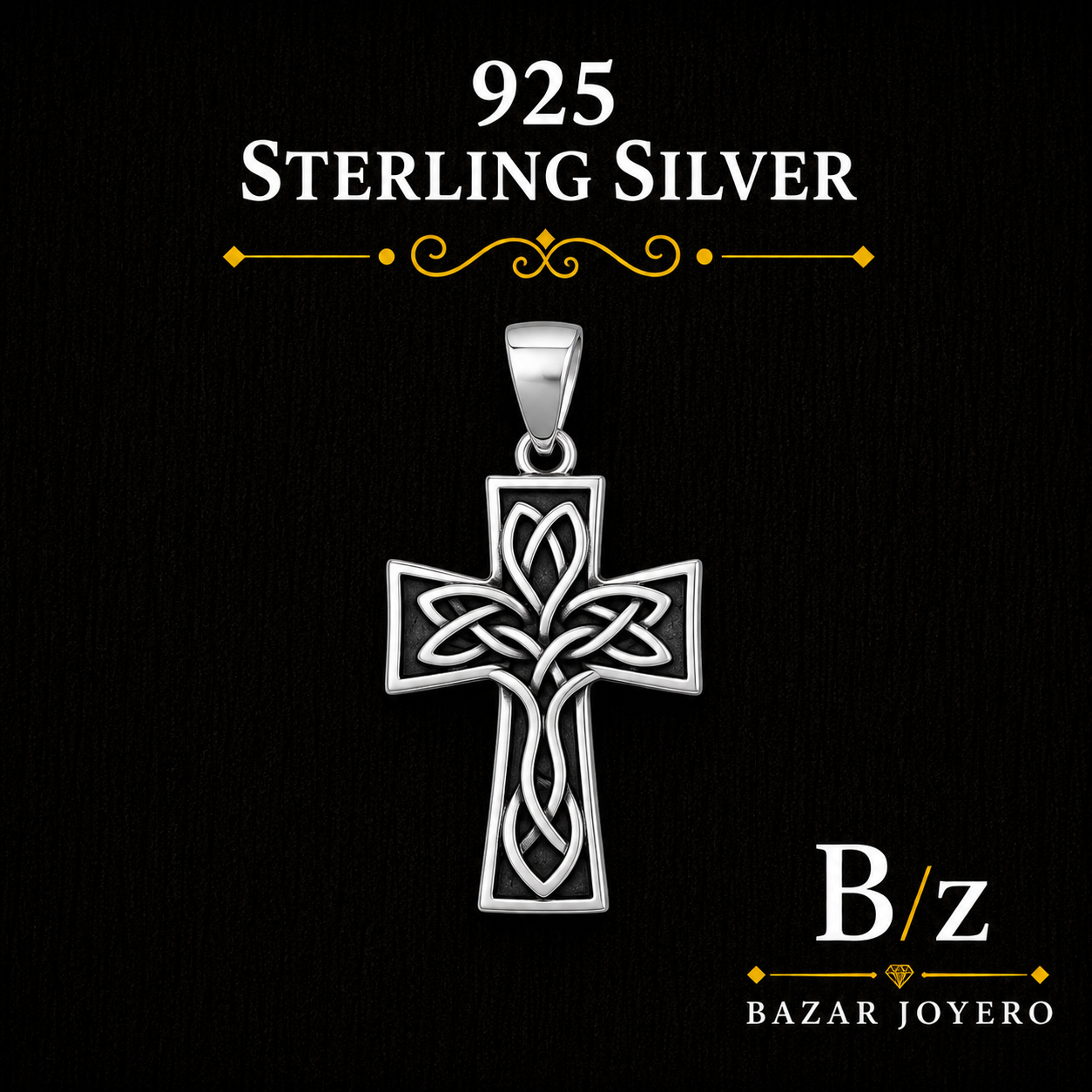 925 Sterling Silver Celtic Cross Pendant with polished knotwork and oxidized details