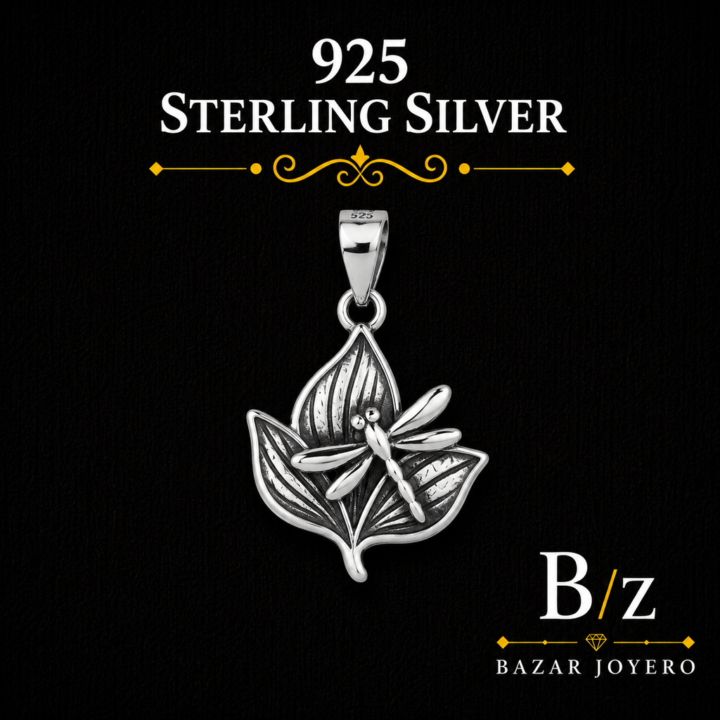 925 Sterling Silver Dragonfly and Leaves Pendant with detailed nature inspired design