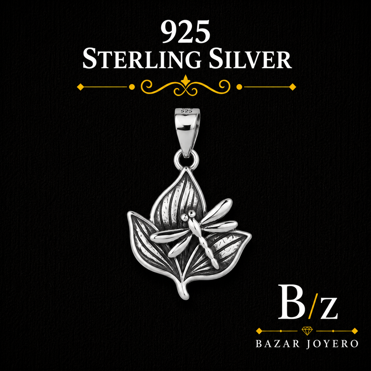 925 Sterling Silver Dragonfly and Leaves Pendant with detailed nature inspired design