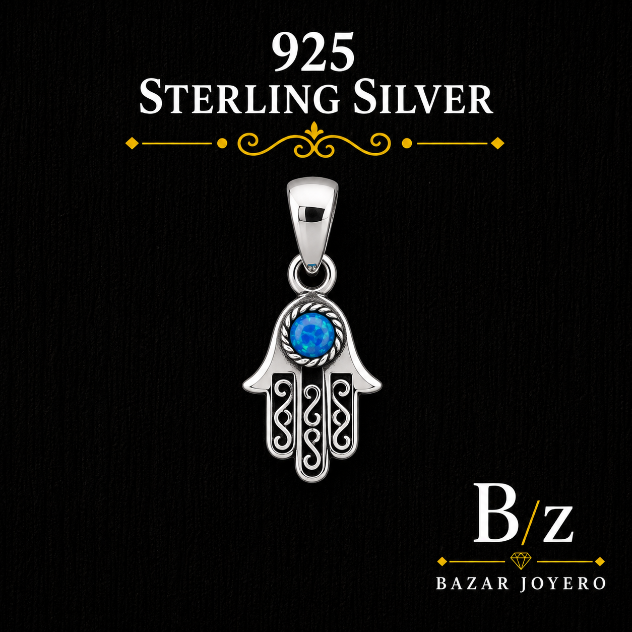 925 Sterling Silver Hamsa Hand Pendant with Blue Lab Opal