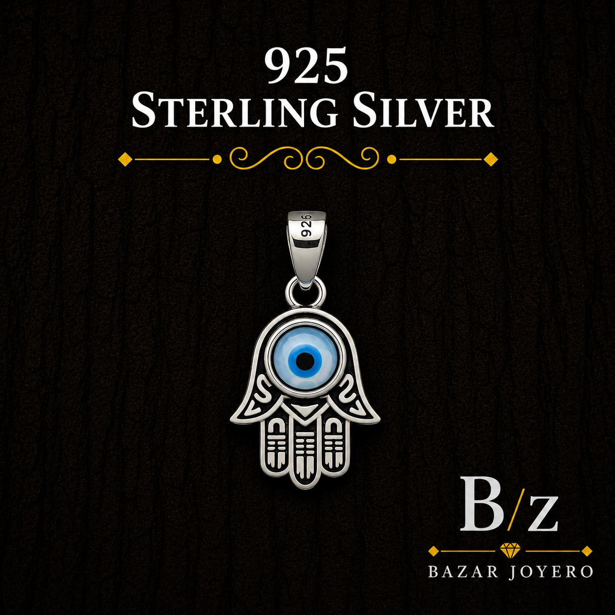 925 Sterling Silver Hamsa Hand Pendant with Blue Evil Eye