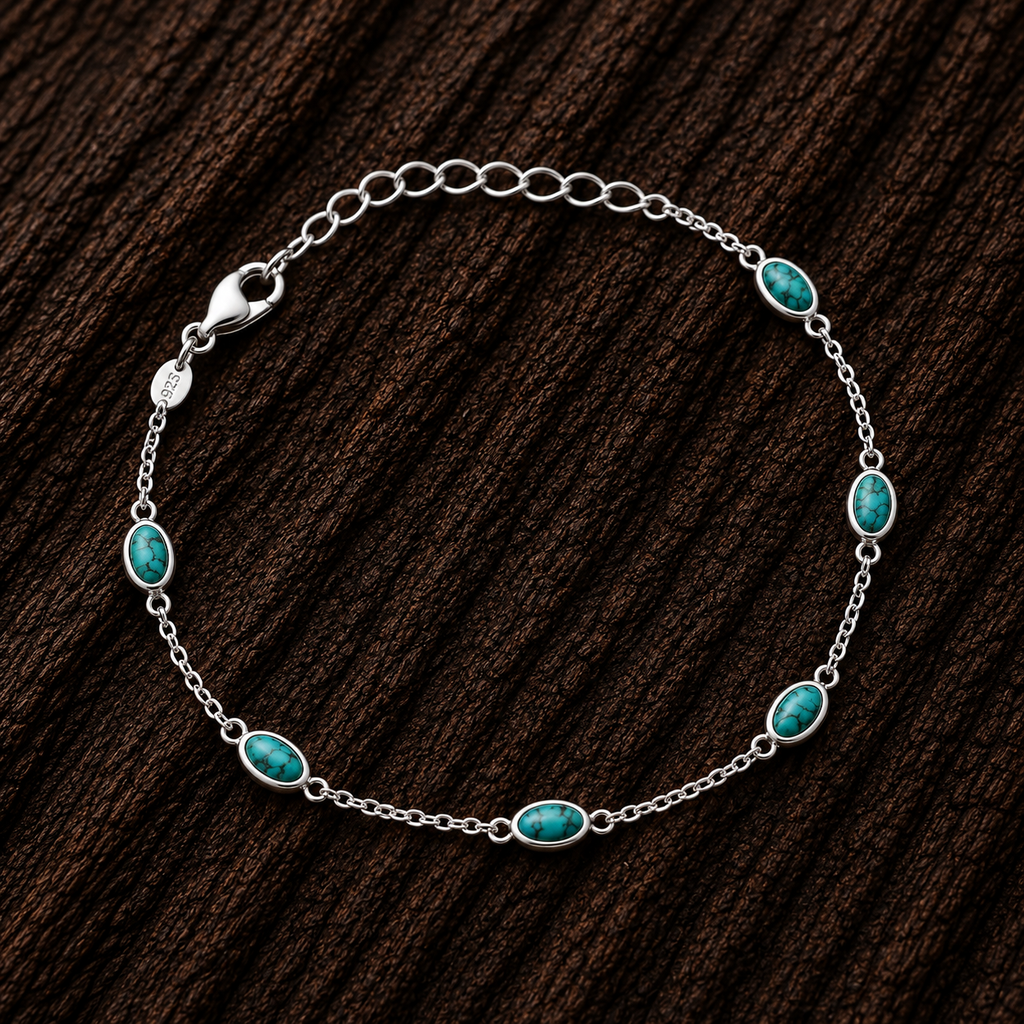 Close-up of 925 Sterling Silver Turquoise Station Bracelet