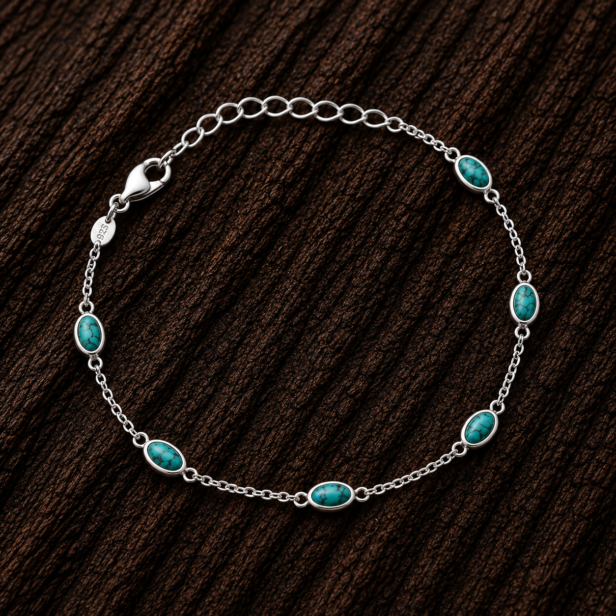 Close-up of 925 Sterling Silver Turquoise Station Bracelet
