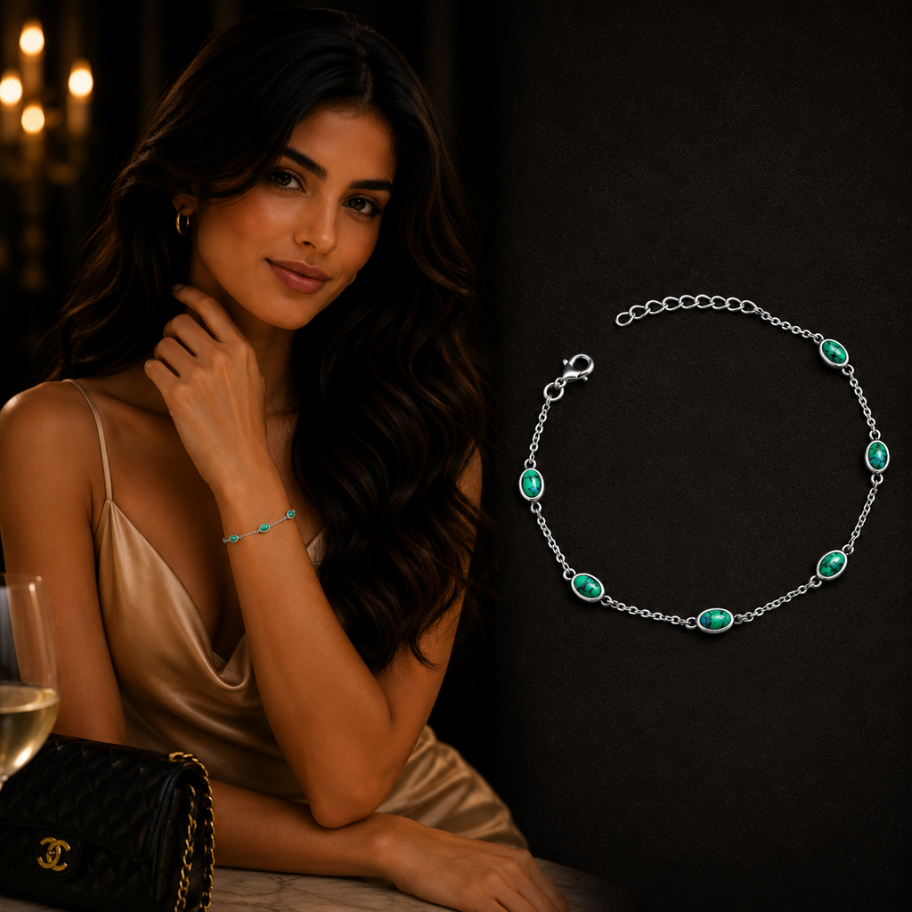 Woman wearing a 925 Sterling Silver Turquoise Bracelet