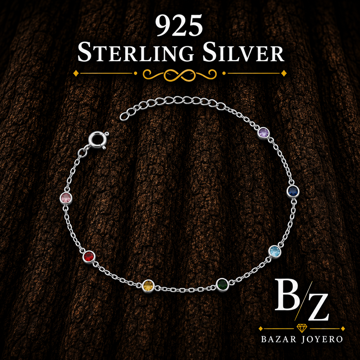 925 Sterling Silver Multi-Color Crystal Station Bracelet