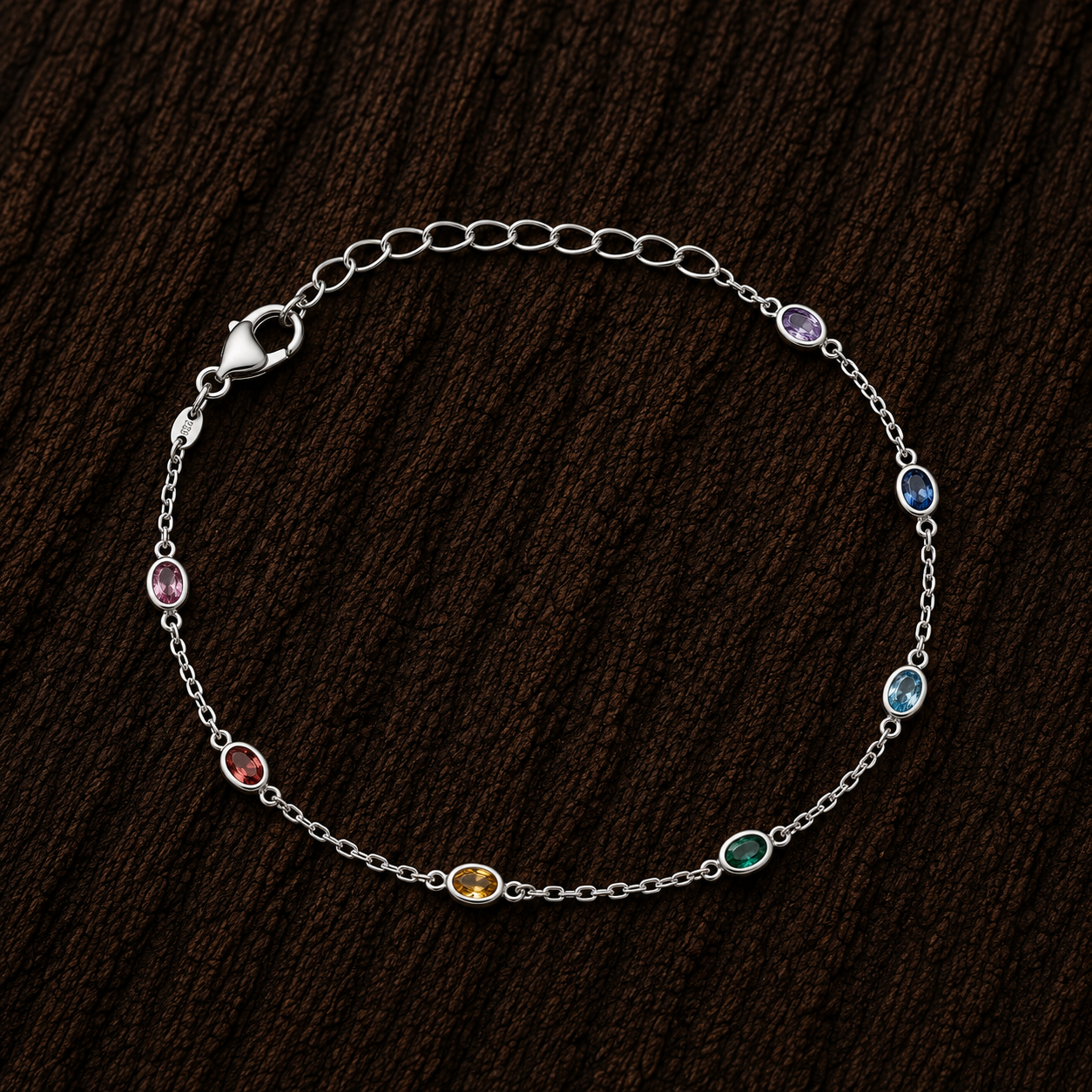 Close-up of 925 Sterling Silver Multi-Color Crystal Bracelet