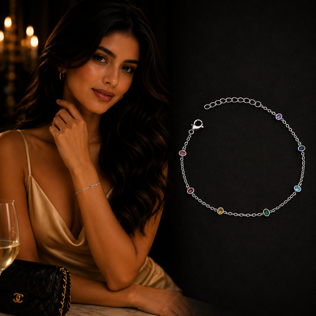 Woman wearing a 925 Sterling Silver Multi-Color Crystal Bracelet