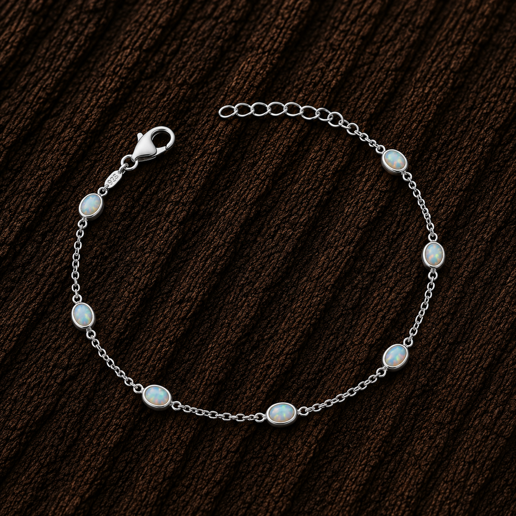 Close-up of 925 Sterling Silver Lab Opal Bracelet