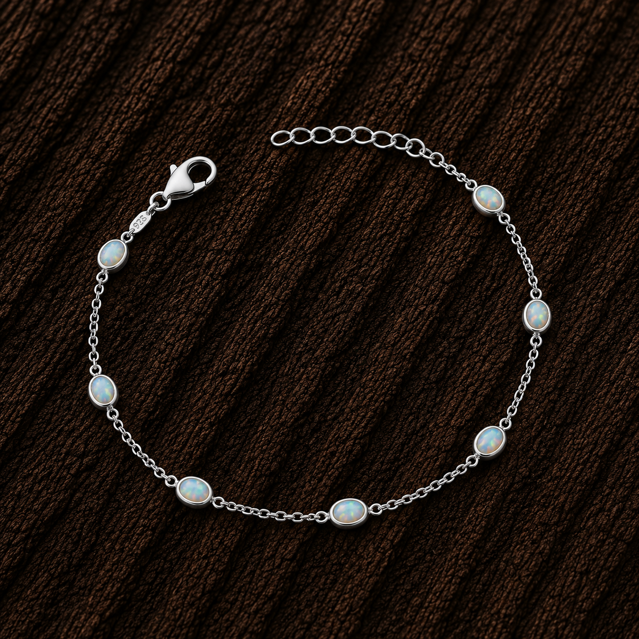 Close-up of 925 Sterling Silver Lab Opal Bracelet