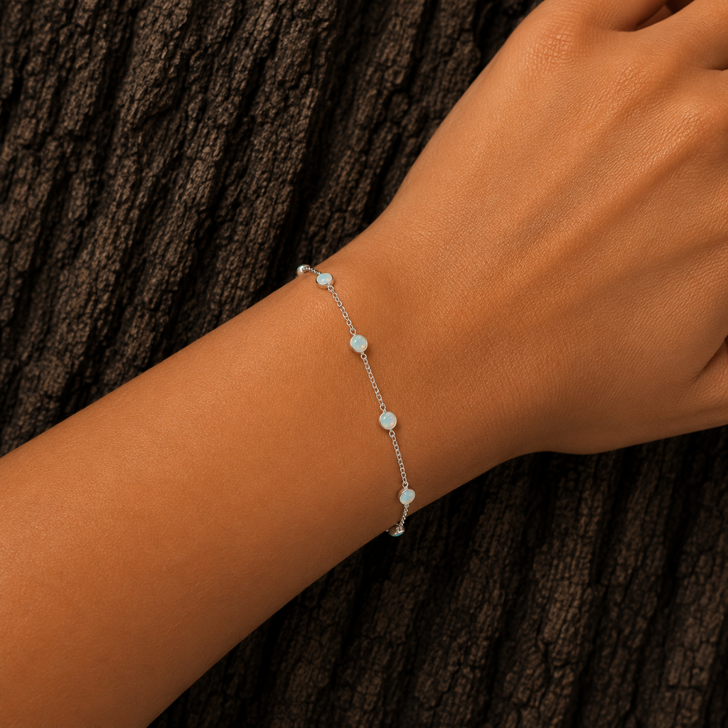 925 Sterling Silver Lab Opal Bracelet worn on wrist