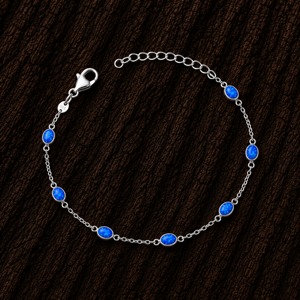 Close-up of 925 Sterling Silver Blue Lab Opal Bracelet