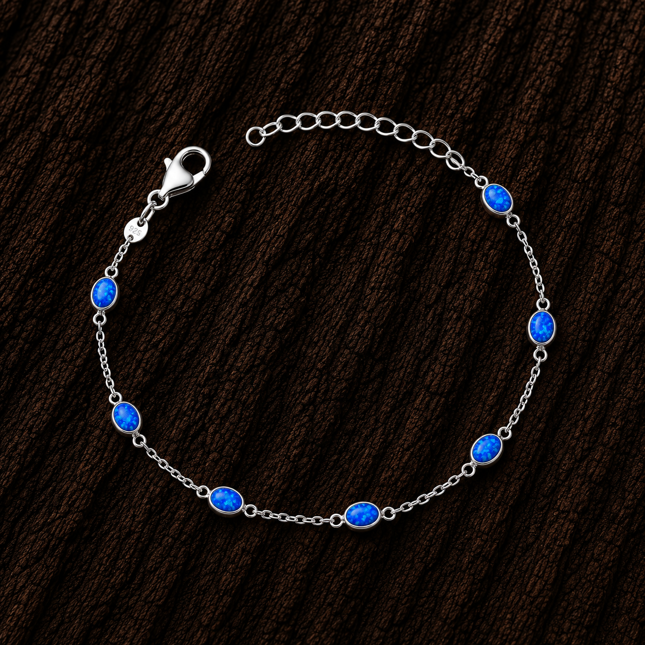 Close-up of 925 Sterling Silver Blue Lab Opal Bracelet