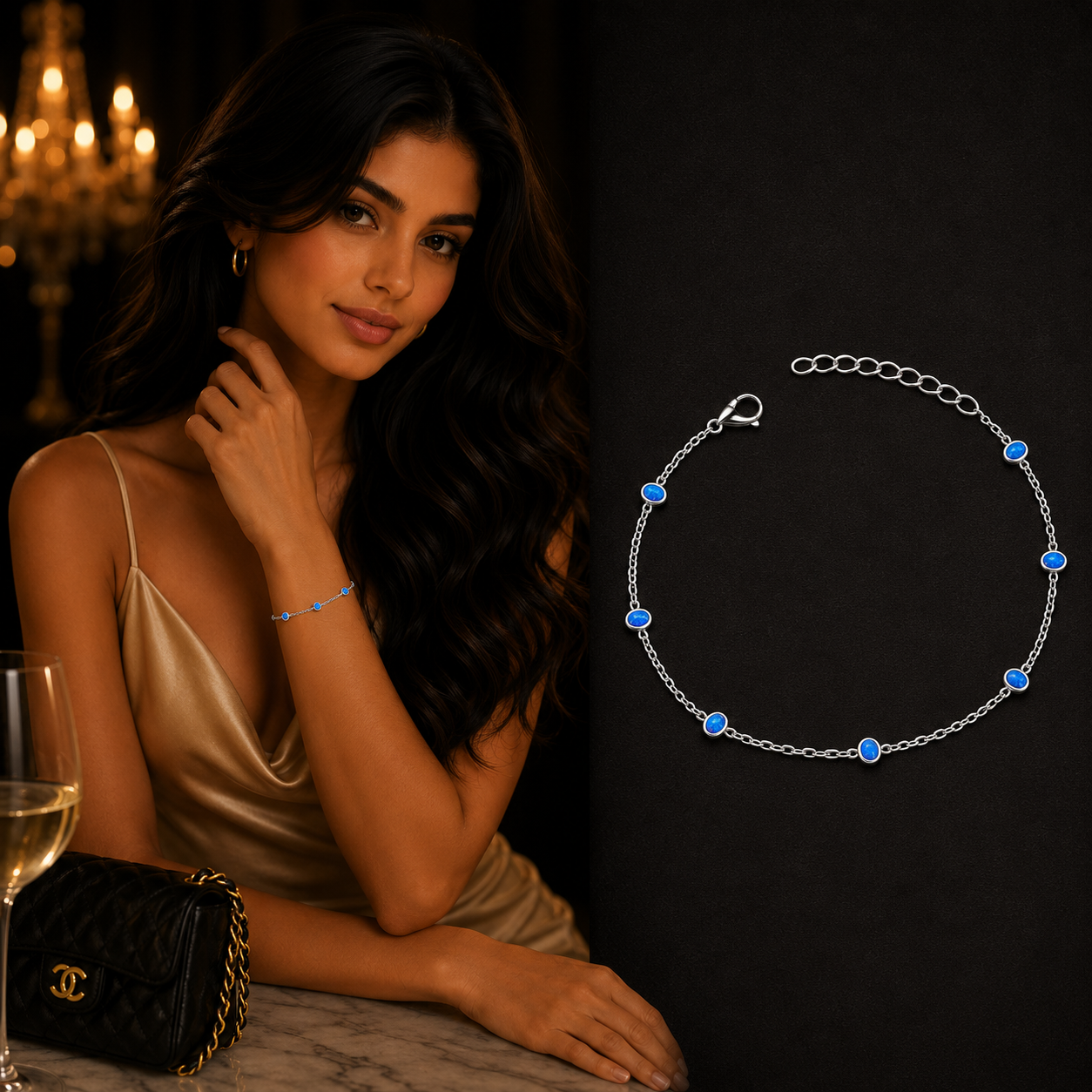 Woman wearing a 925 Sterling Silver Blue Lab Opal Bracelet
