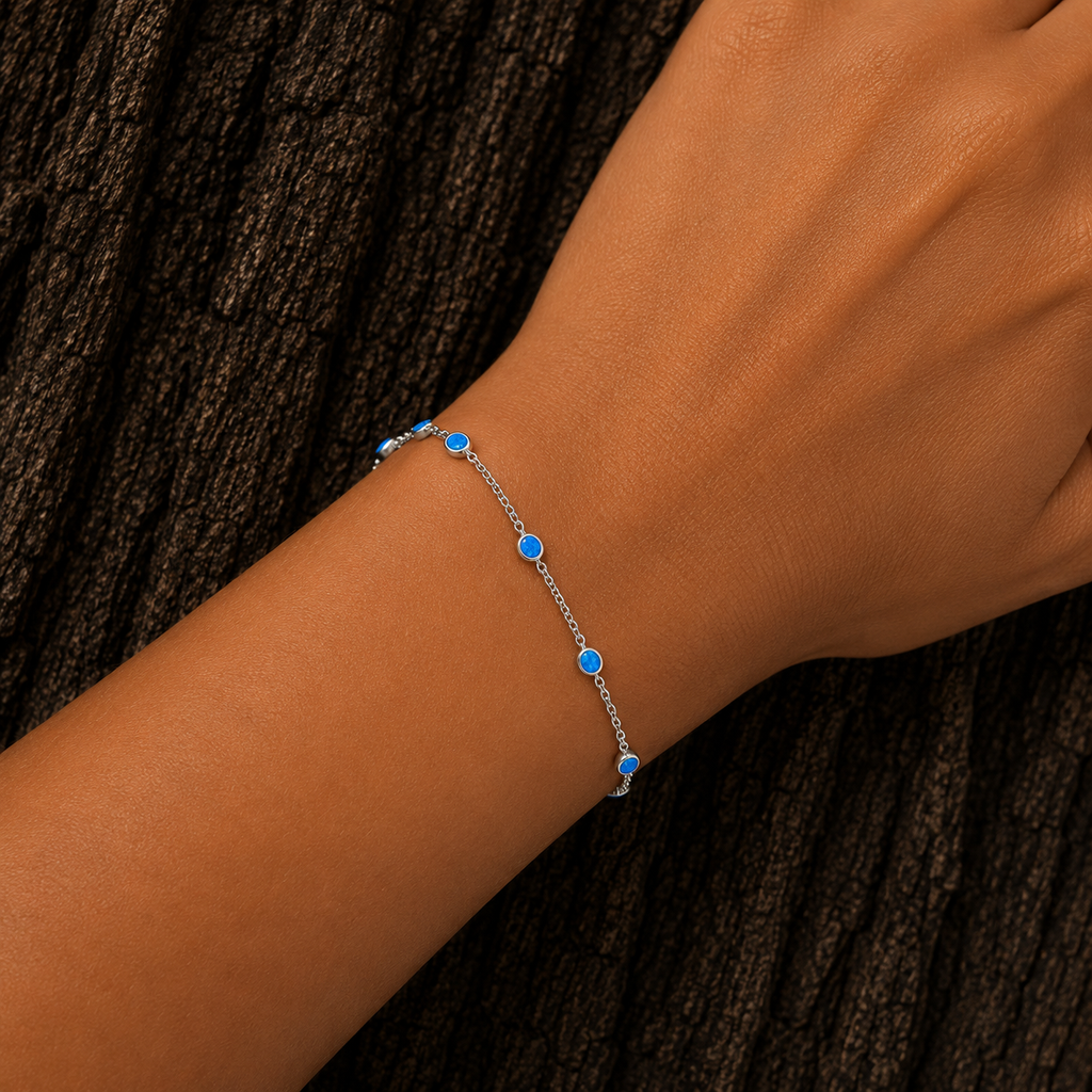 925 Sterling Silver Blue Lab Opal Bracelet worn on wrist