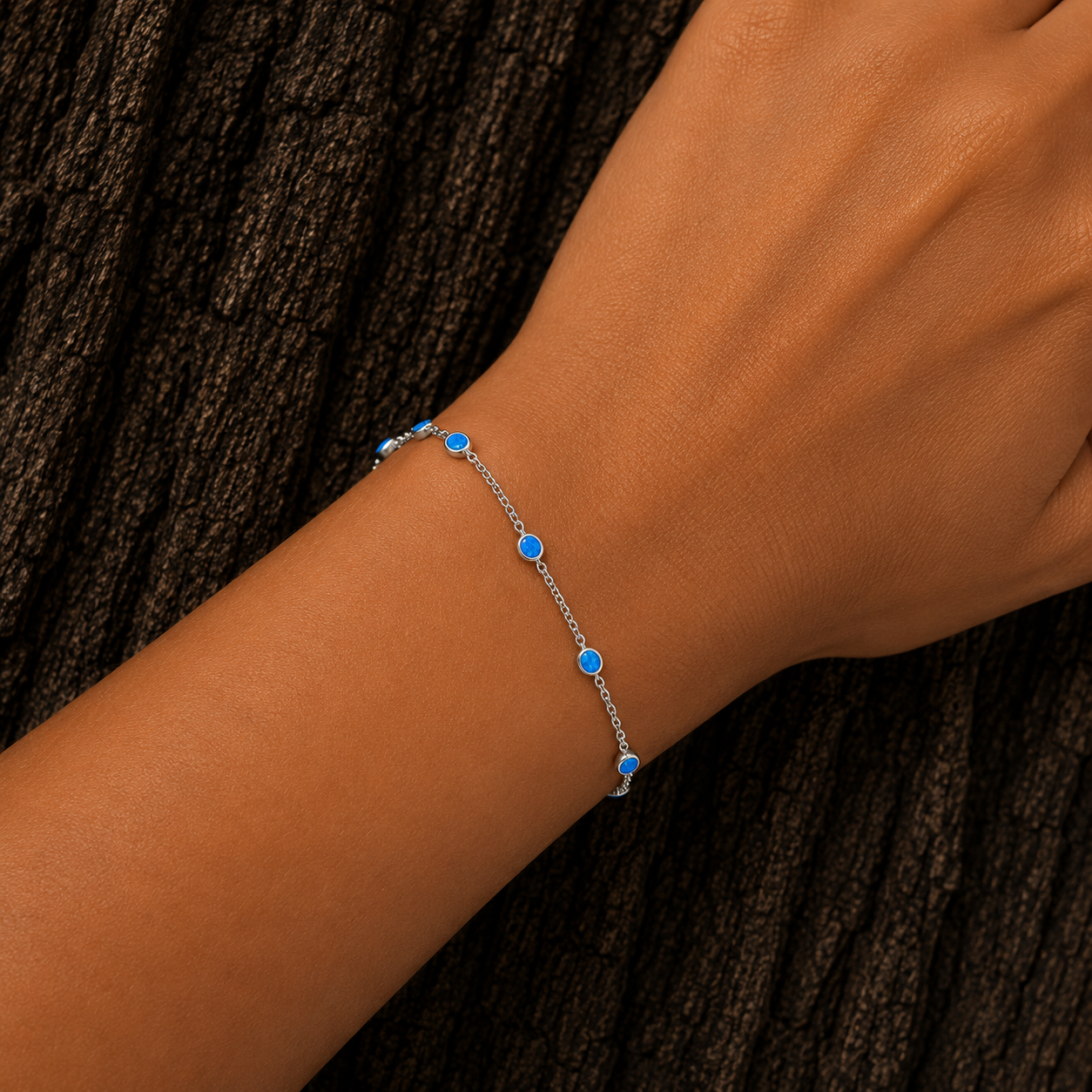925 Sterling Silver Blue Lab Opal Bracelet worn on wrist