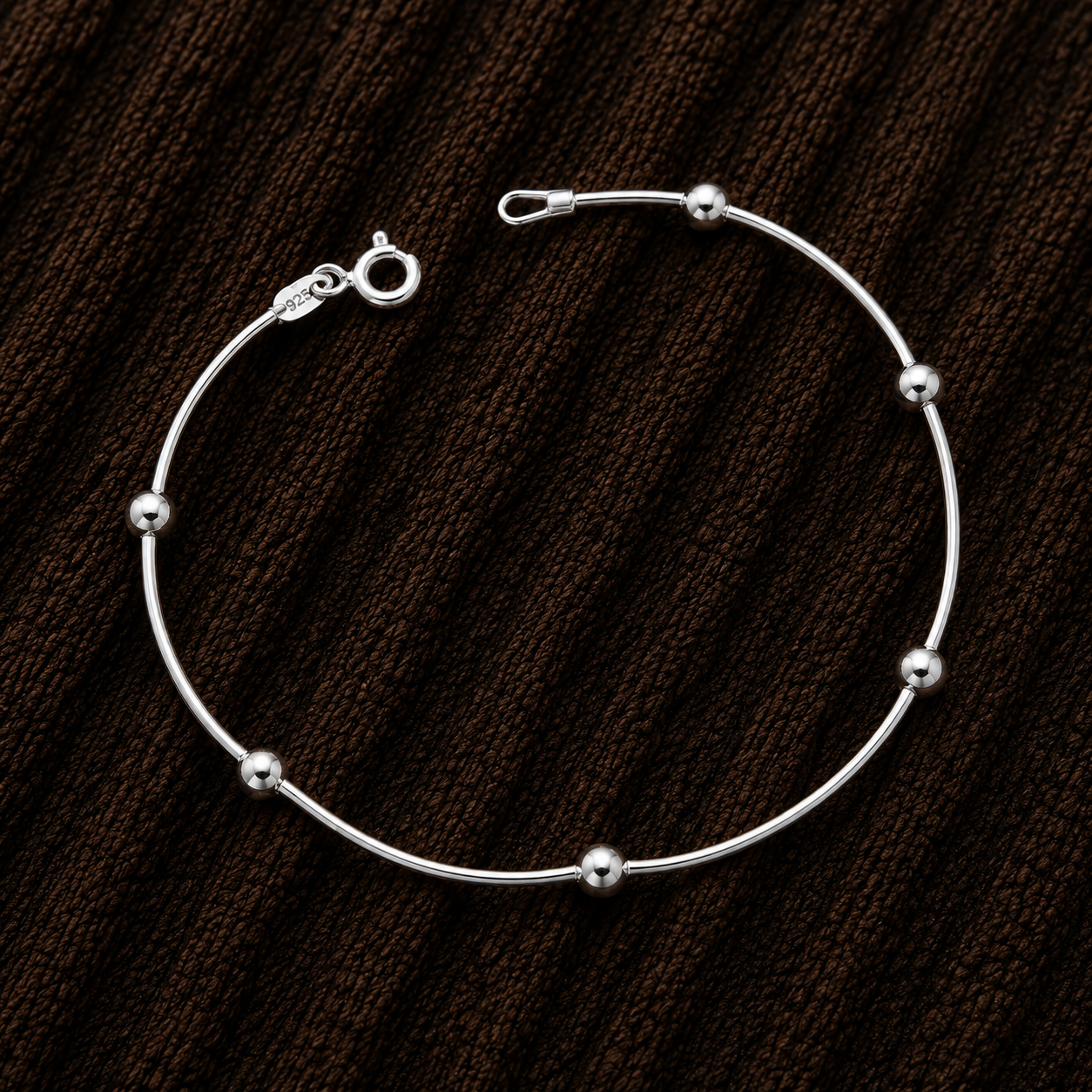Close-up of 925 Sterling Silver Beaded Station Bracelet