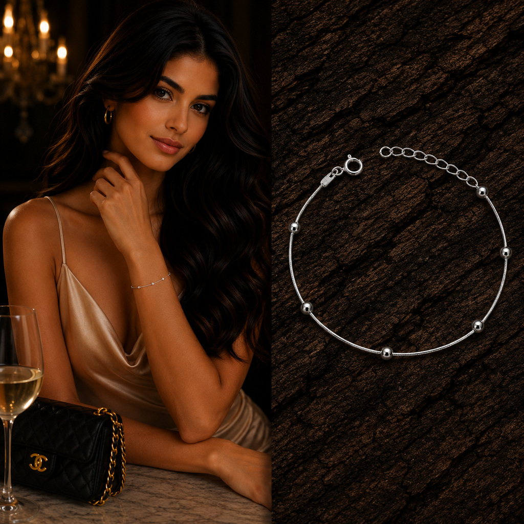 Woman wearing a 925 Sterling Silver Beaded Station Bracelet