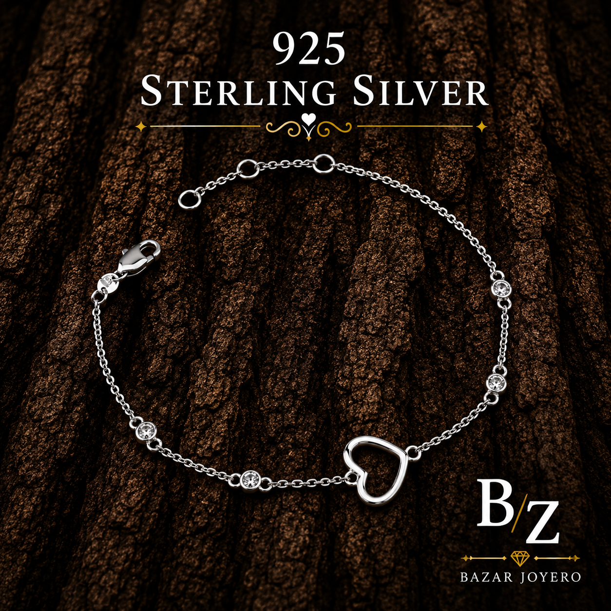 925 Sterling Silver Open Heart Cubic Zirconia Bracelet