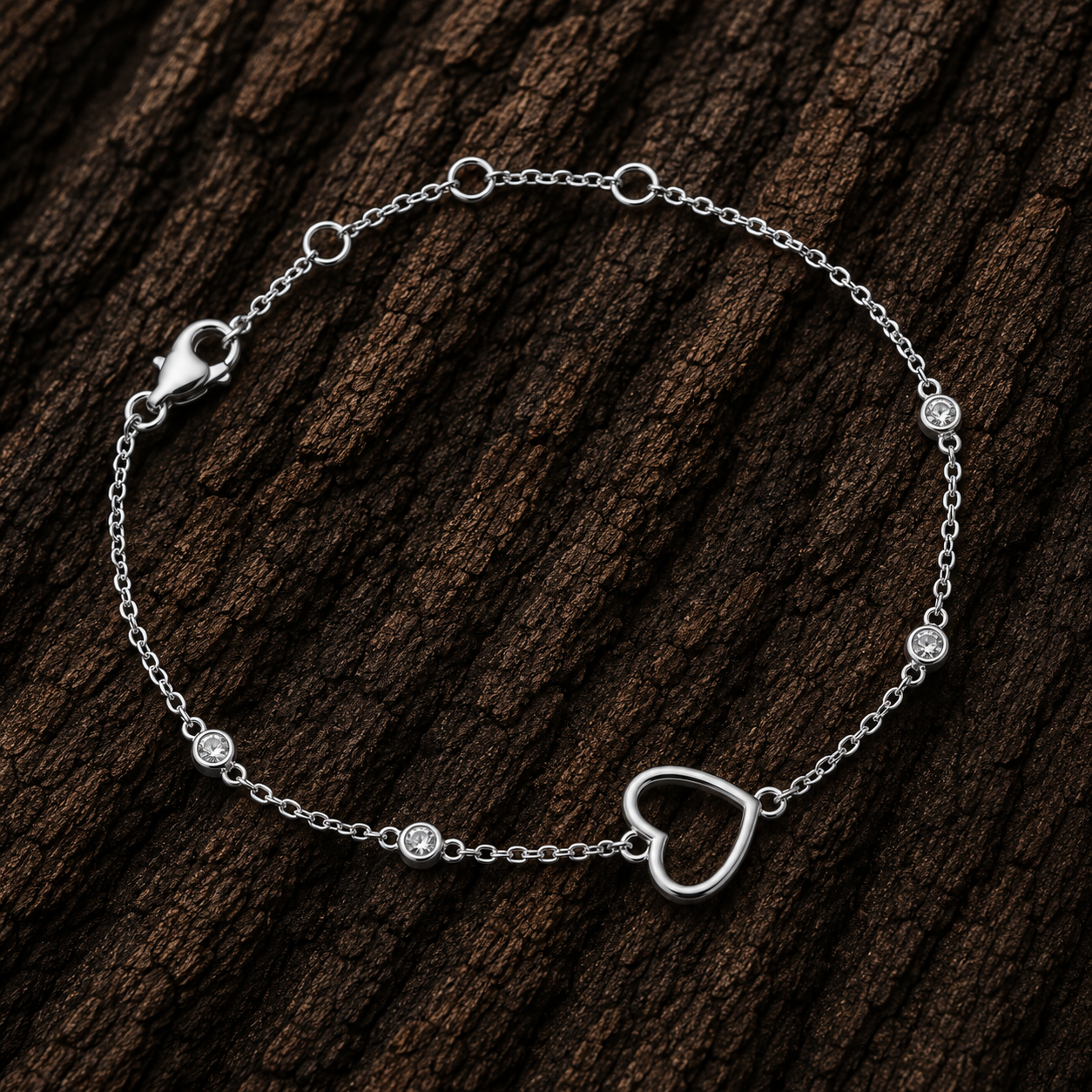 Close-up of 925 Sterling Silver Open Heart Cubic Zirconia Bracelet