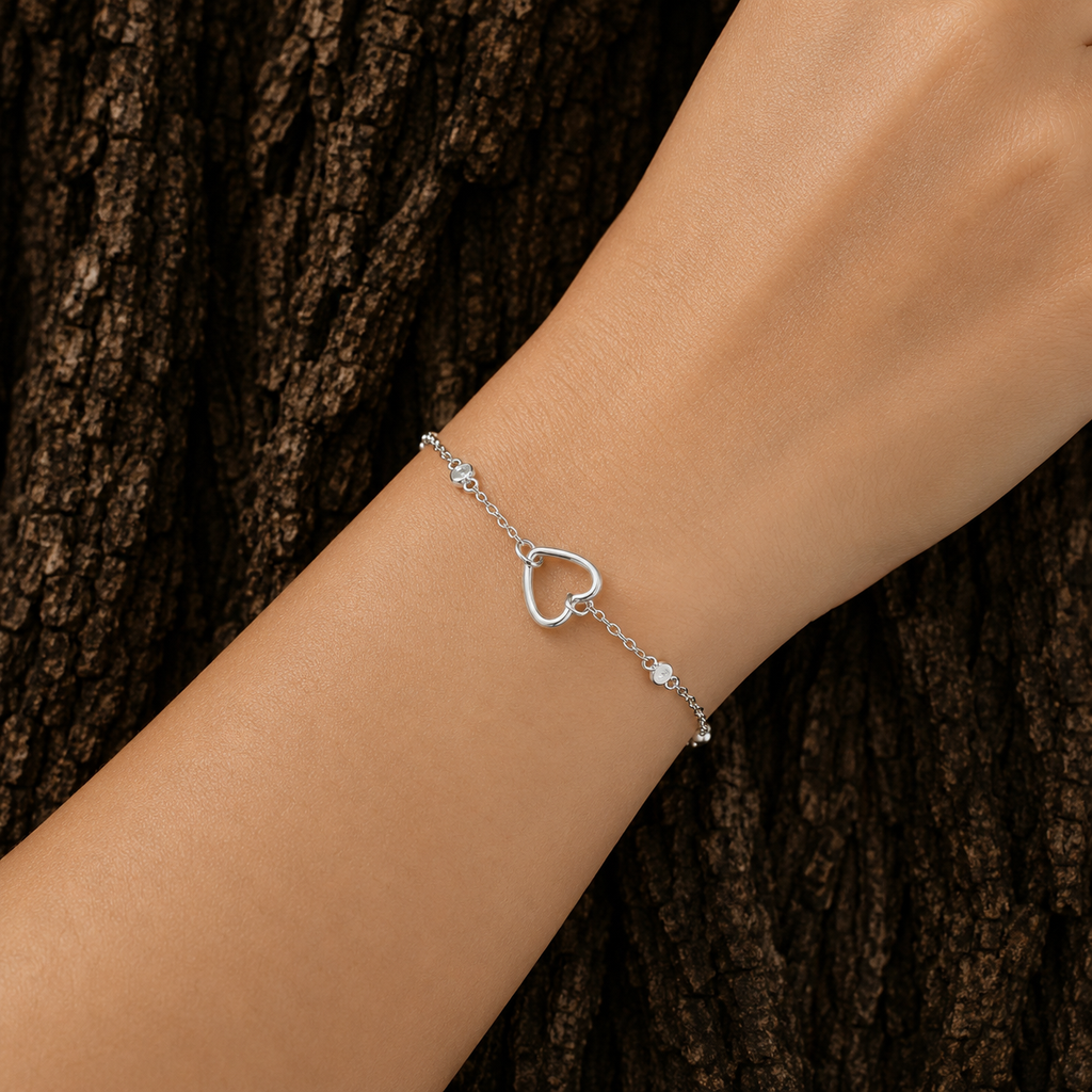 925 Sterling Silver Open Heart Cubic Zirconia Bracelet worn on wrist