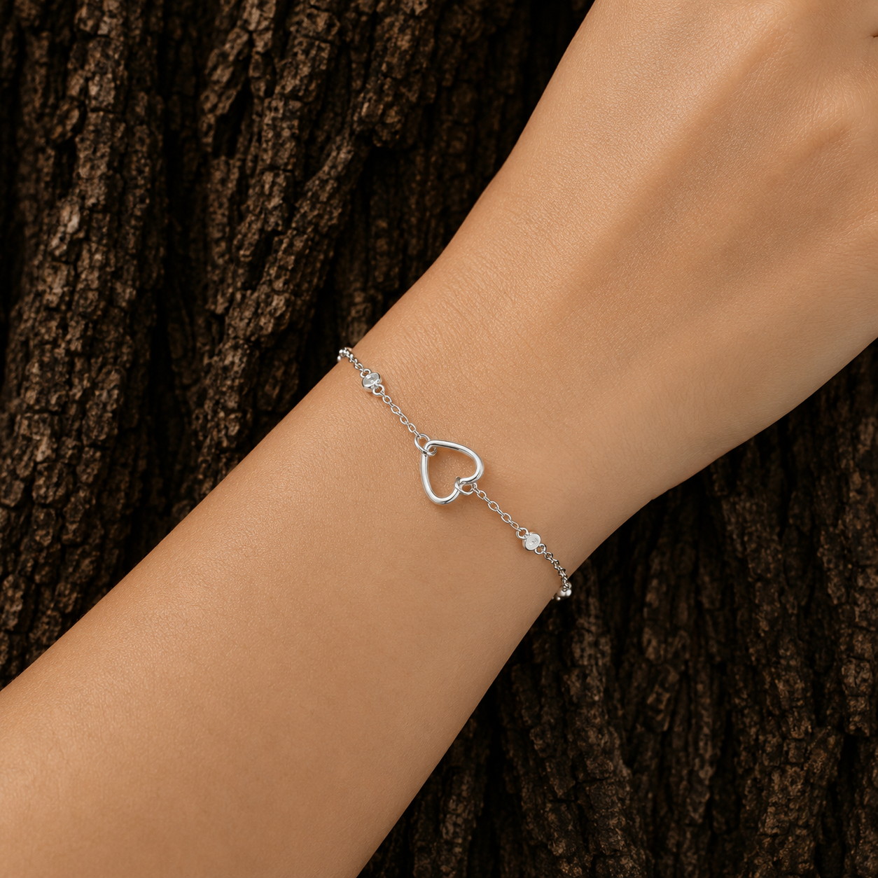 925 Sterling Silver Open Heart Cubic Zirconia Bracelet worn on wrist