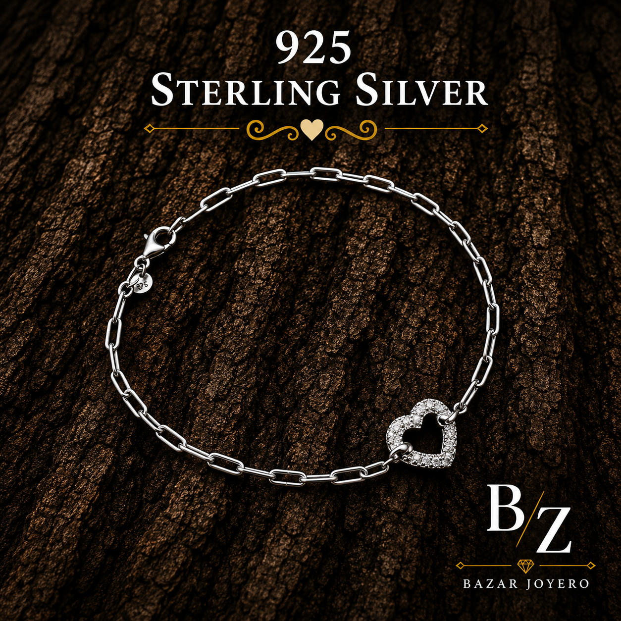 925 Sterling Silver Open Heart Link Chain Bracelet with Cubic Zirconia