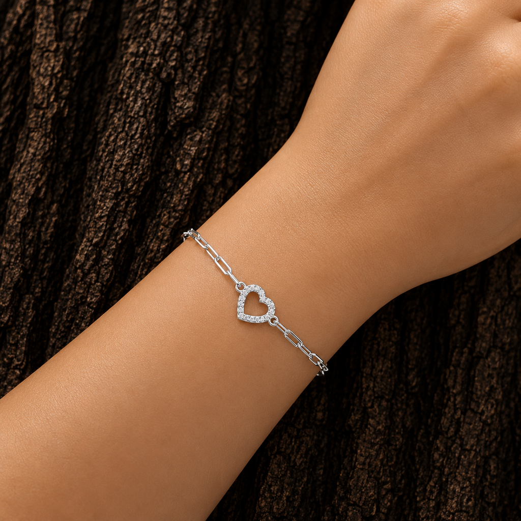 925 Sterling Silver Open Heart Link Chain Bracelet worn on wrist