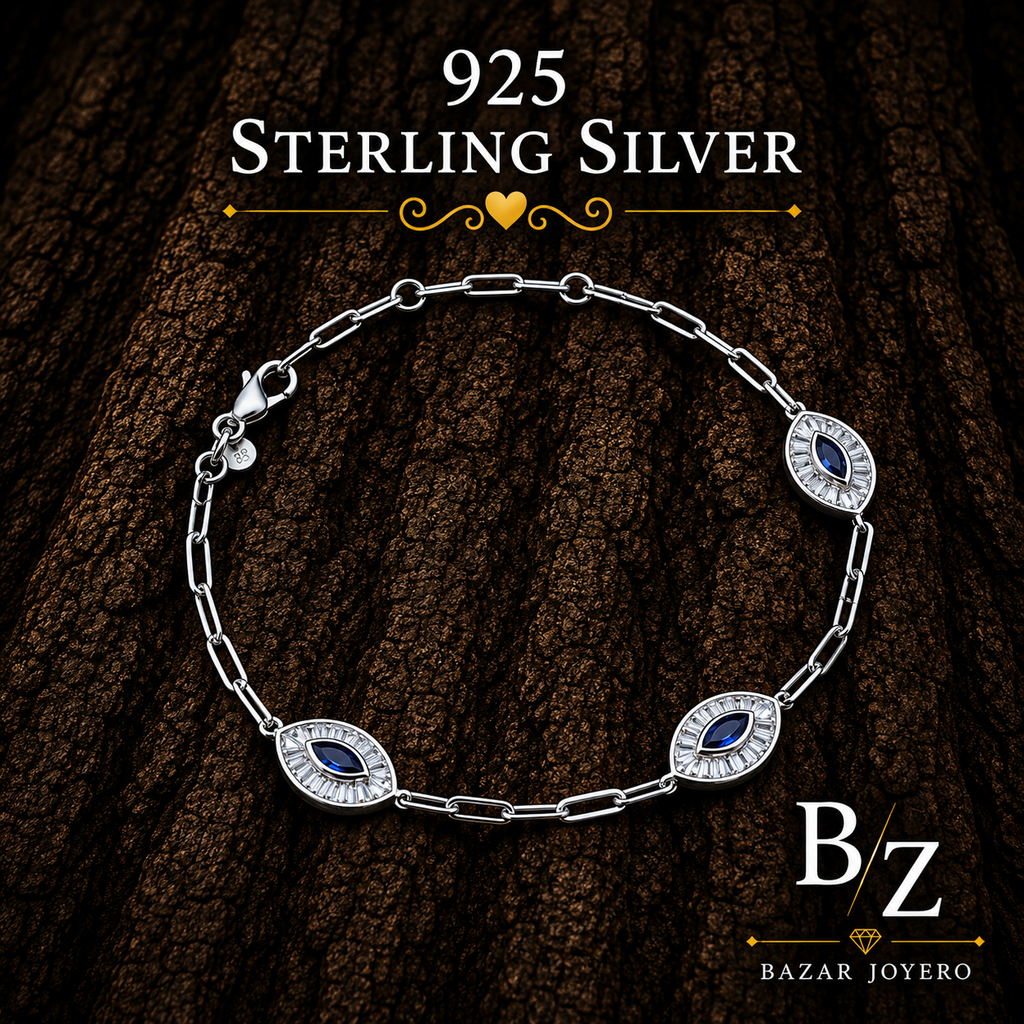 925 Sterling Silver Evil Eye Link Bracelet with Blue Cubic Zirconia