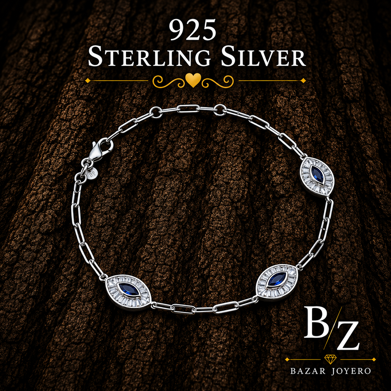 925 Sterling Silver Evil Eye Link Bracelet with Blue Cubic Zirconia