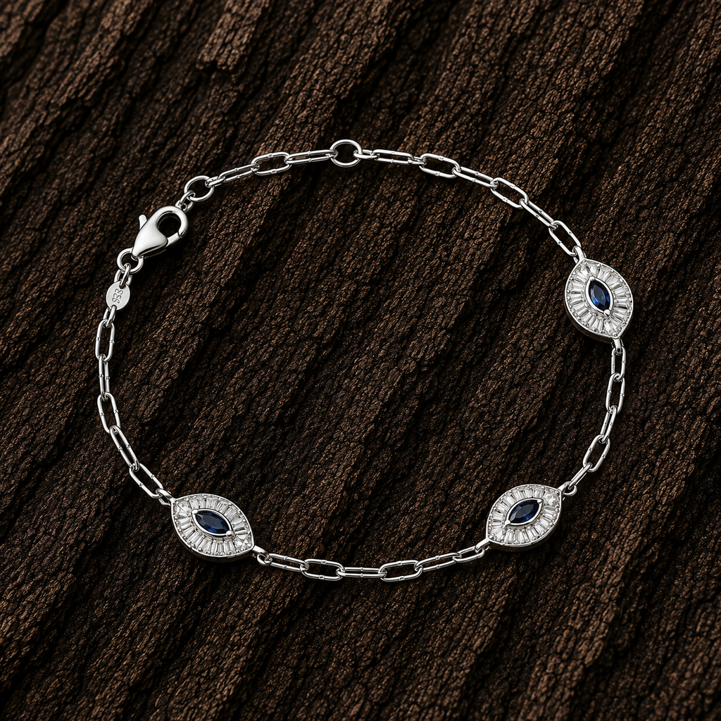 Close-up of 925 Sterling Silver Evil Eye Bracelet with Blue Cubic Zirconia
