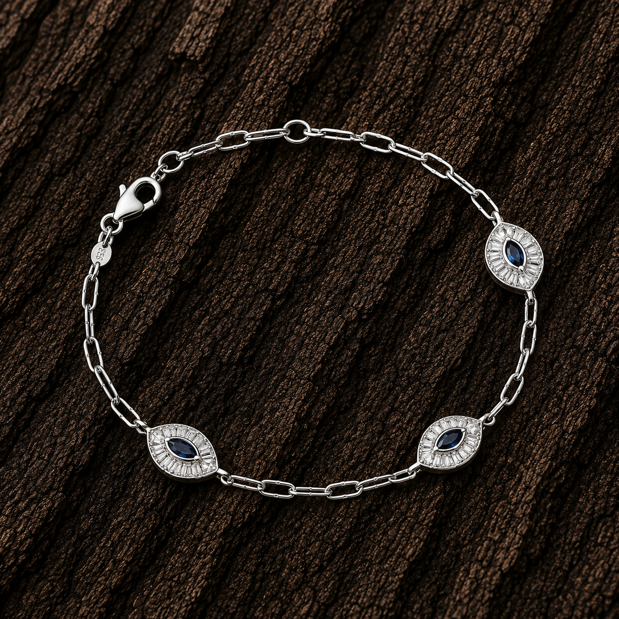 Close-up of 925 Sterling Silver Evil Eye Bracelet with Blue Cubic Zirconia