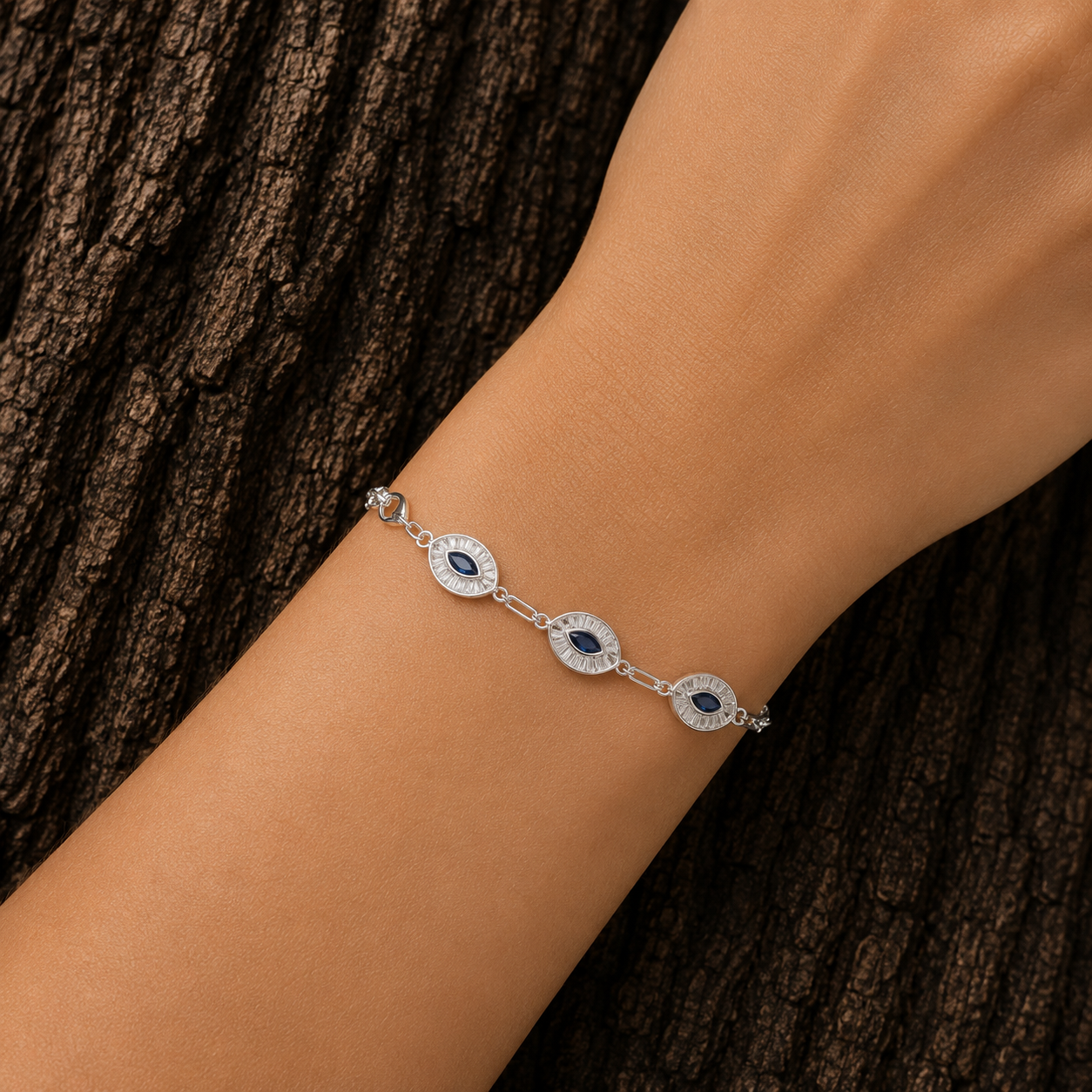 925 Sterling Silver Evil Eye Bracelet worn on wrist