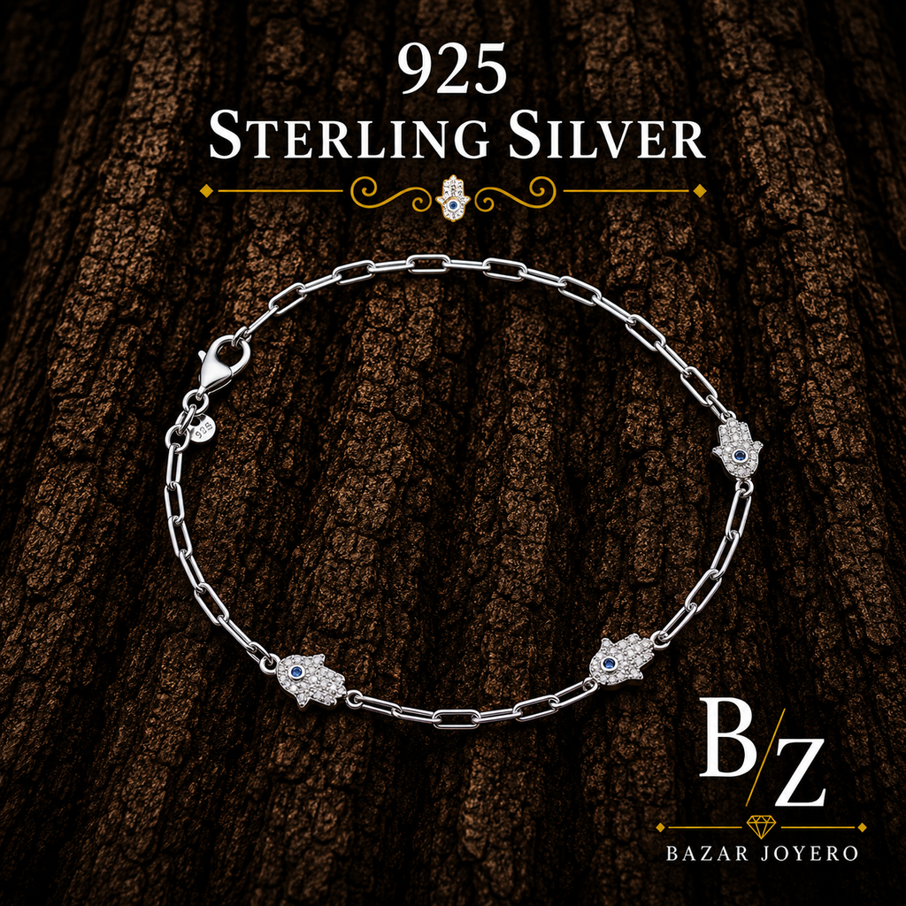 925 Sterling Silver Hamsa Hand Bracelet with Blue Evil Eye Cubic Zirconia