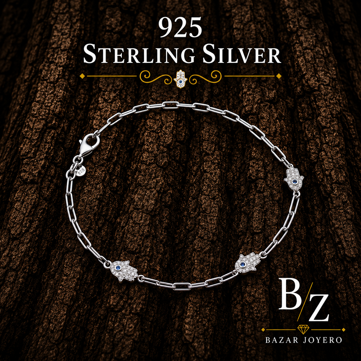 925 Sterling Silver Hamsa Hand Bracelet with Blue Evil Eye Cubic Zirconia