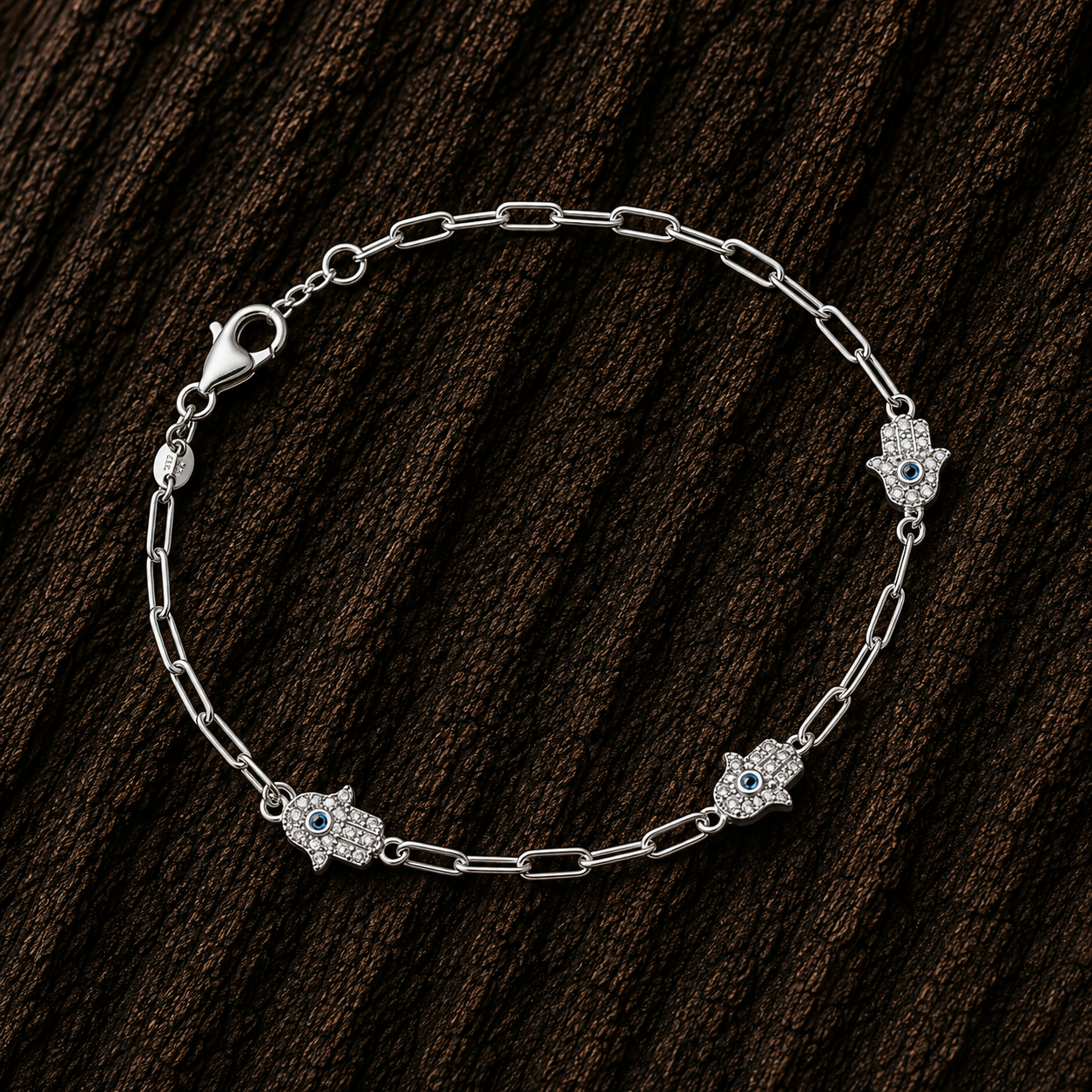 Close-up of 925 Sterling Silver Hamsa Hand Bracelet