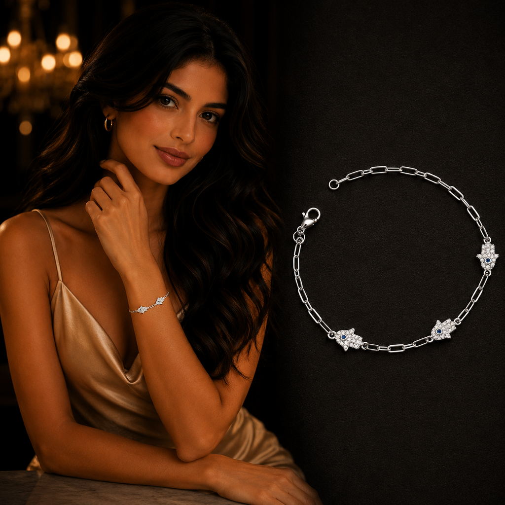 Woman wearing a 925 Sterling Silver Hamsa Hand Bracelet