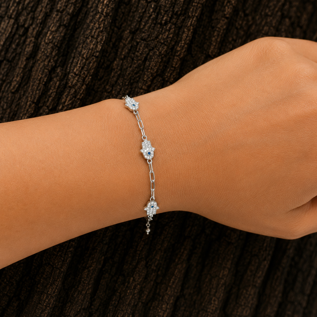 925 Sterling Silver Hamsa Hand Bracelet worn on wrist