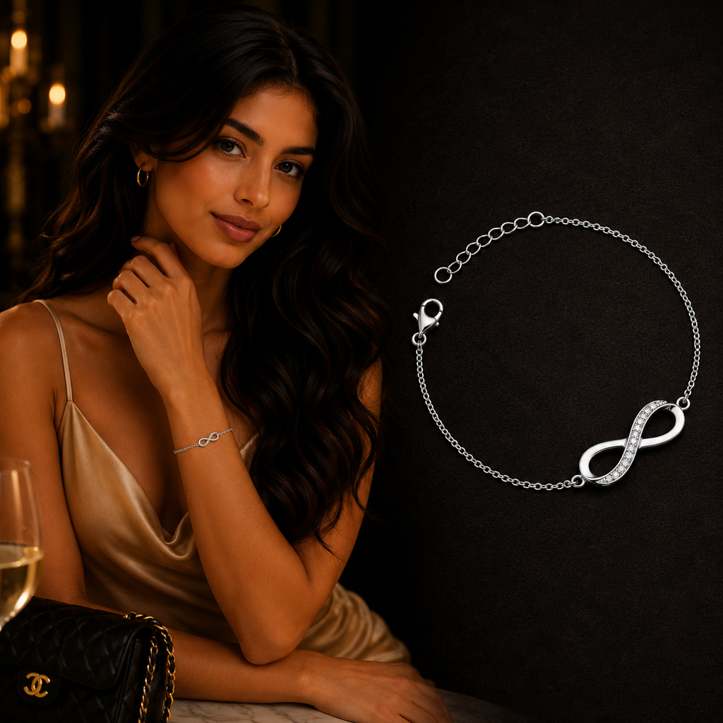Woman wearing a 925 Sterling Silver Infinity Bracelet